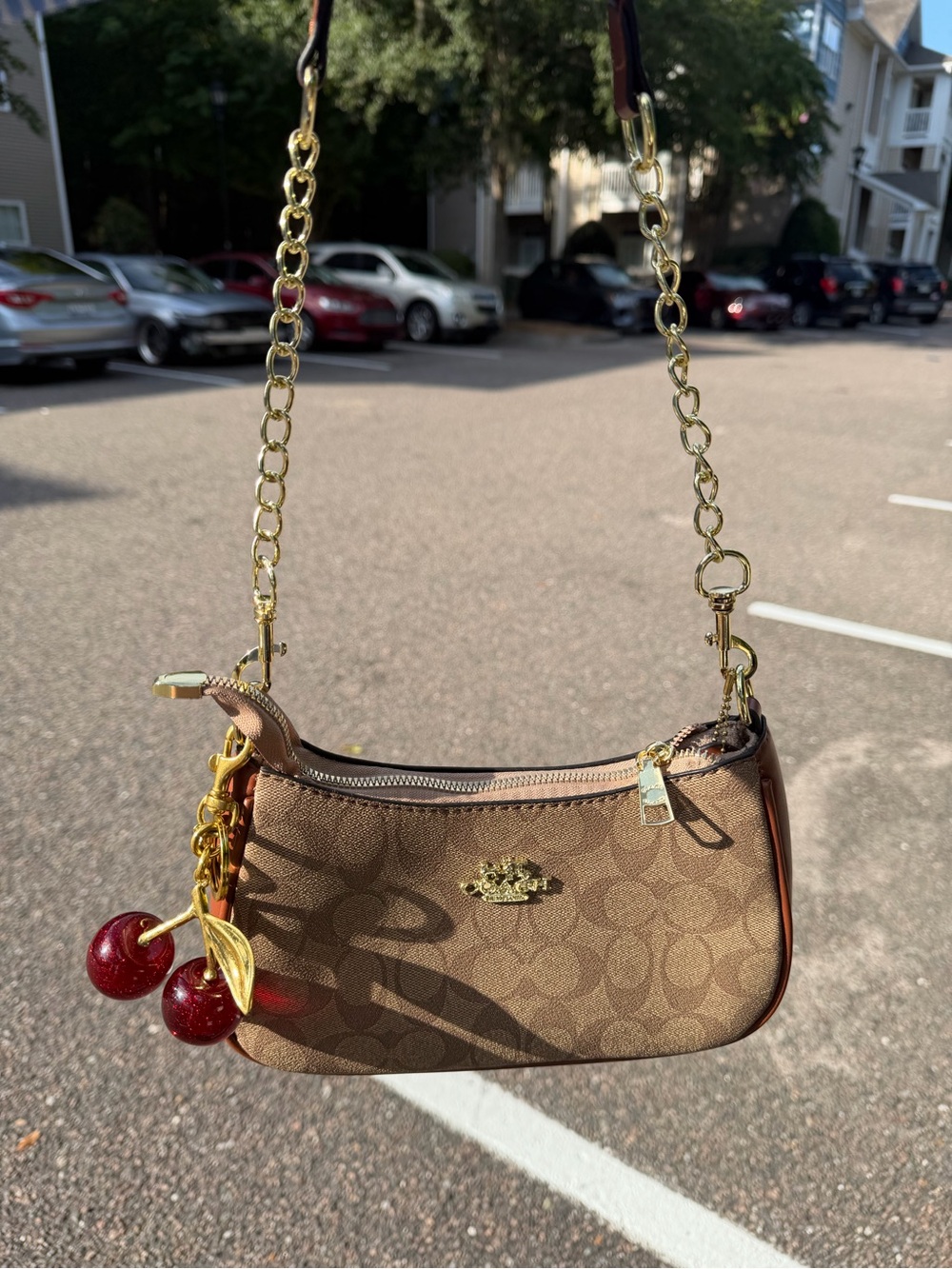 Coach Tan/Brown Signature Mini Shoulder Bag with Cherry Charm